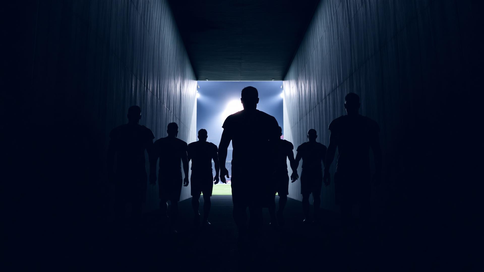 Voetballers lopen door de spelerstunnel richting het veld